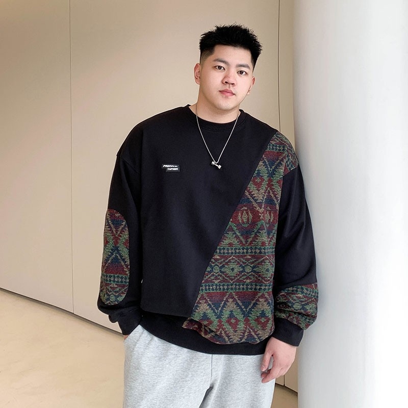 Ανδρικό φούτερ με fleece επένδυση, ethnic στυλ με πάνελ σχέδιο, χαλαρή γραμμή, στρογγυλός λαιμός, γεωμετρικό μοτίβο, μπλοκ χρωμάτων, φθινοπωρο-χειμώνας, plus size