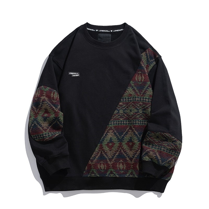 Ανδρικό φούτερ με fleece επένδυση, ethnic στυλ με πάνελ σχέδιο, χαλαρή γραμμή, στρογγυλός λαιμός, γεωμετρικό μοτίβο, μπλοκ χρωμάτων, φθινοπωρο-χειμώνας, plus size