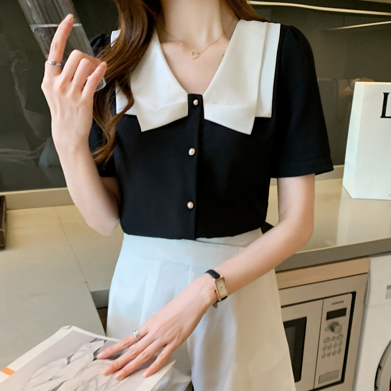 Γυναικείο καλοκαιρινό πουκάμισο με doll collar, κομψό και νεανικό, κοντομάνικο τοπ, σε μεγάλο μέγεθος