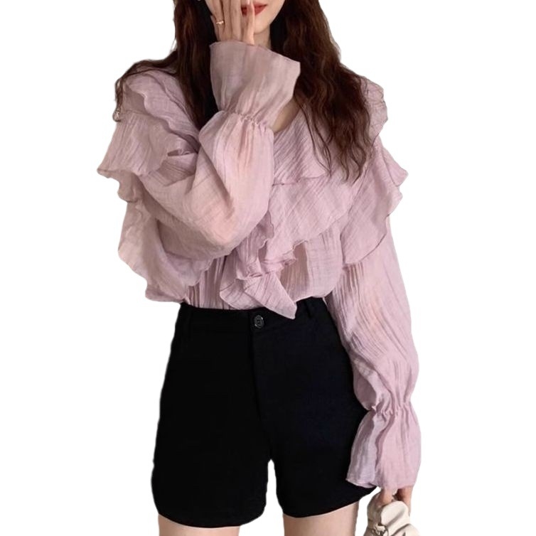 Γυναικείο πουκάμισο από chiffon με μακριά μανίκια, νέο στιλ άνοιξη-καλοκαίρι, εκλεπτυσμένος σχεδιασμός, ελαφρύ ύφασμα, ακανόνιστα στρωμένα στρώματα