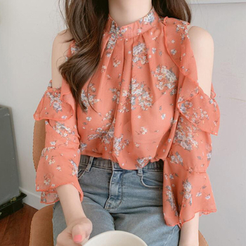 Γυναικεία μπλούζα από chiffon με floral print, με ανοιχτούς ώμους, κομψή για την αρχή της άνοιξης, με μανίκια καμπάνες, ελαφρύ καλοκαιρινό τοπ