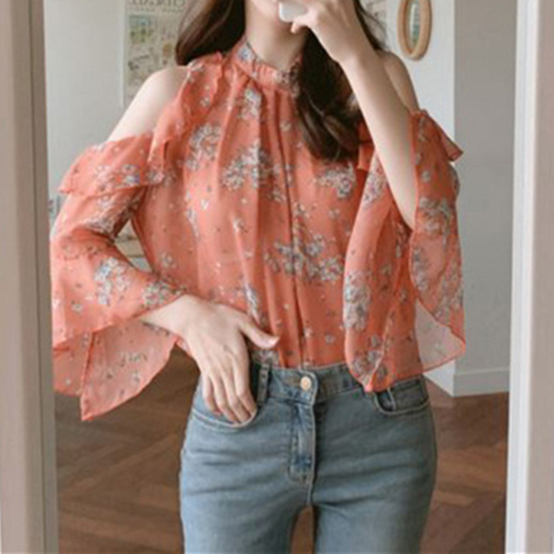 Γυναικεία μπλούζα από chiffon με floral print, με ανοιχτούς ώμους, κομψή για την αρχή της άνοιξης, με μανίκια καμπάνες, ελαφρύ καλοκαιρινό τοπ