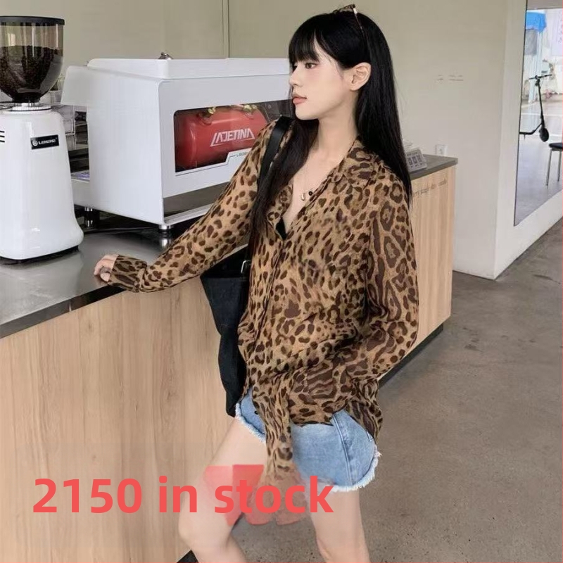 Γυναικείο πουκάμισο από chiffon με λεοπάρ εκτύπωση και UV προστασία, ρετρό στυλ Χονγκ Κονγκ, φαρδιά γραμμή