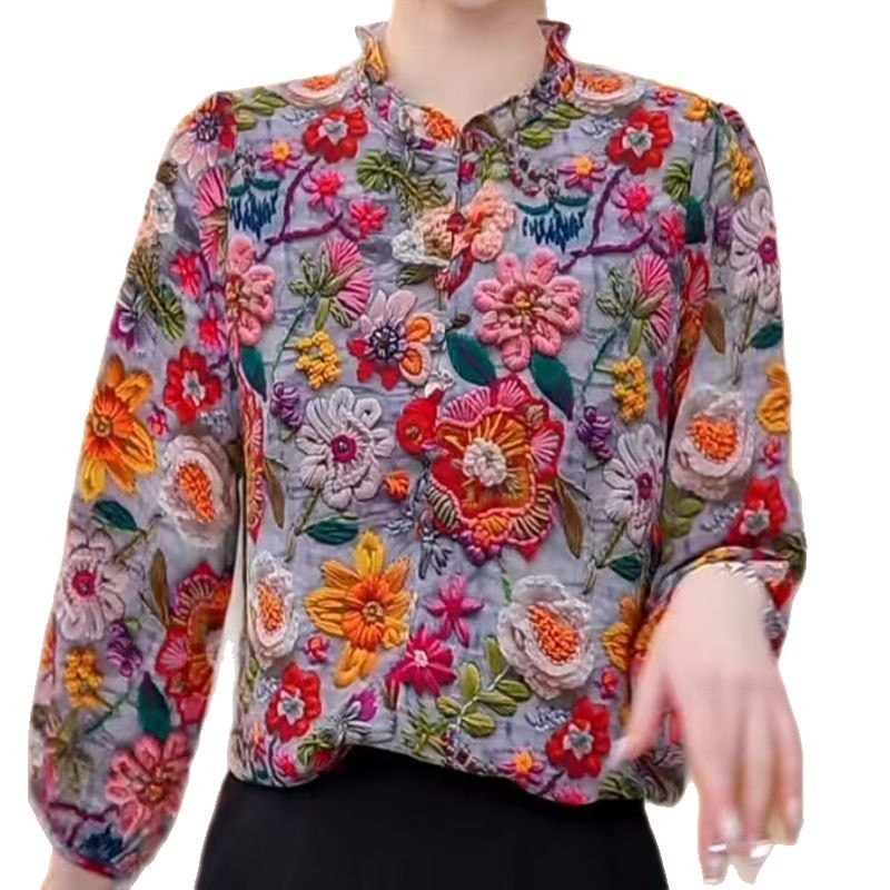 Γυναικεία φλοράλ μπλούζα από chiffon με στάσιμος γιακά και βολάν στην άκρη