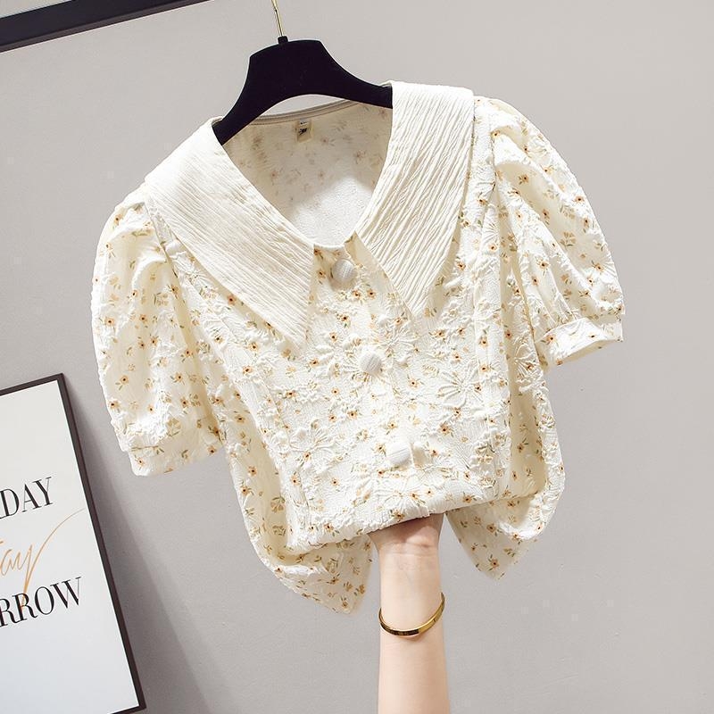 Dámska šifónová blúzka s krátkymi rukávmi, letný kvetinový vzor, strih s vysokým pásom, zakrýva brucho, štýlová a elegantná