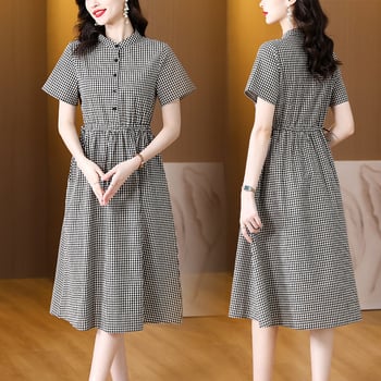 Plus veľkosť vintage kárované šaty typu košeľa, krátky rukáv, midi dĺžka, letný štýl