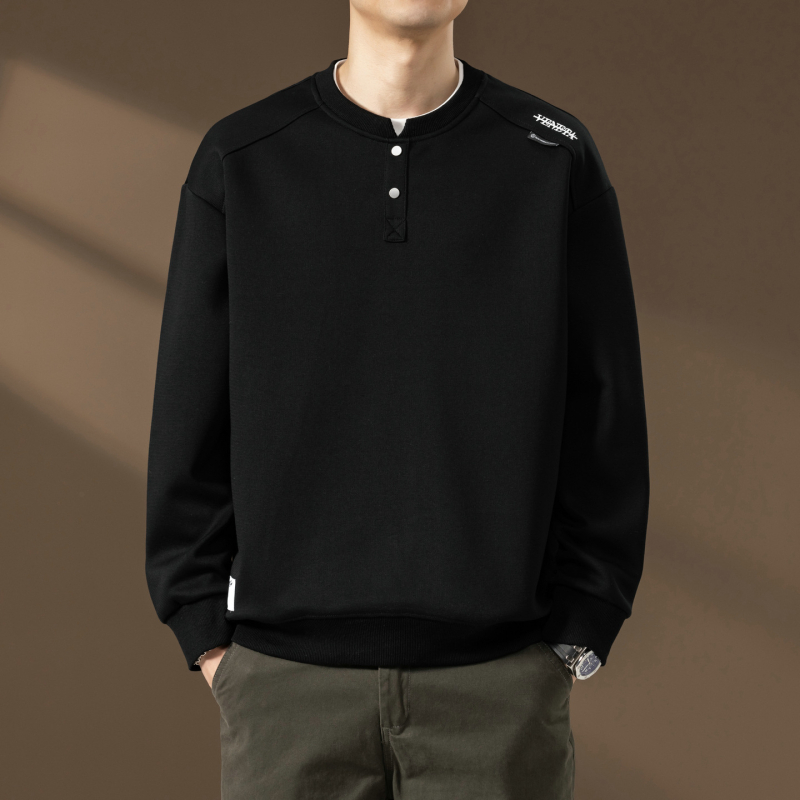 Ανδρικό φούτερ με patchwork και λαιμό Henley, μακρυμάνικο, casual για άνοιξη-φθινόπωρο