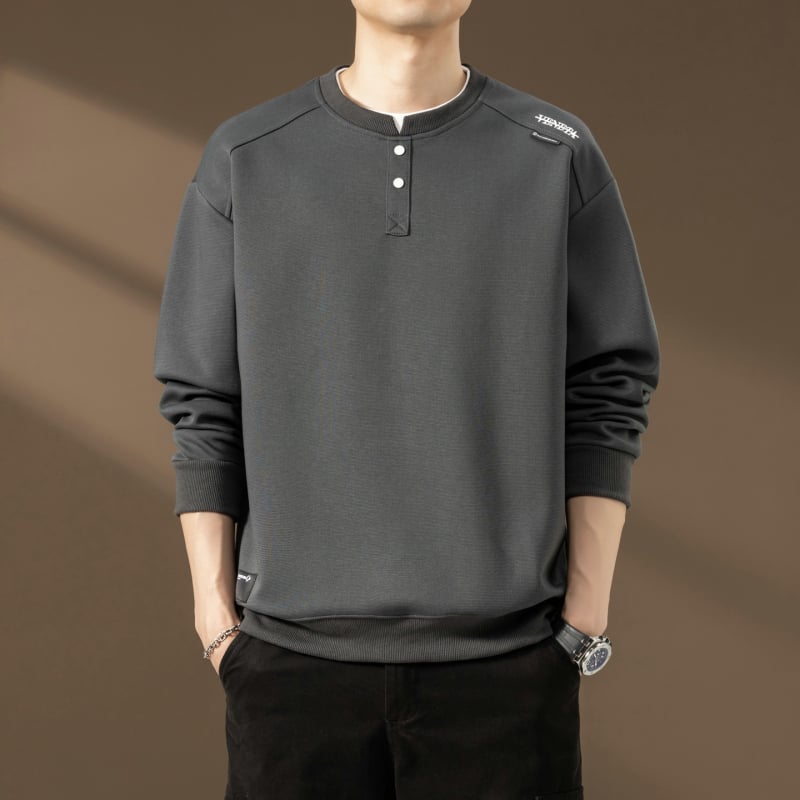 Ανδρικό φούτερ με patchwork και λαιμό Henley, μακρυμάνικο, casual για άνοιξη-φθινόπωρο