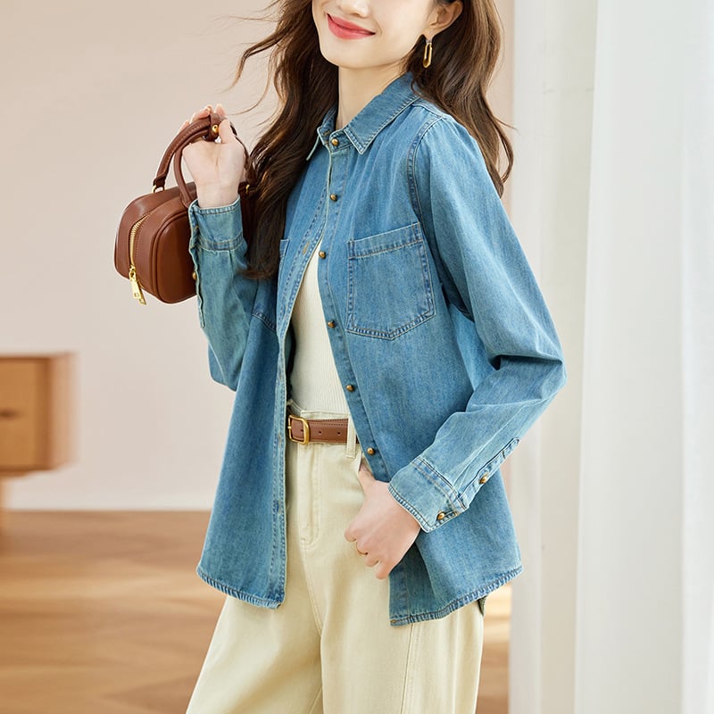Világoskék retro női denim-ing, rétegzett megjelenésű felső, 2024 ősz, Hongkong-stílus