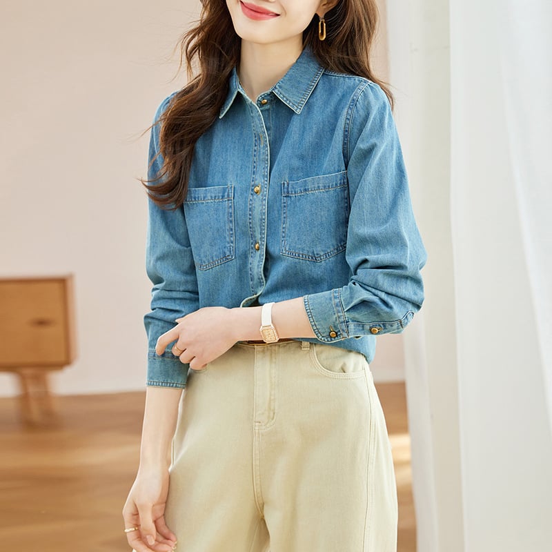 Világoskék retro női denim-ing, rétegzett megjelenésű felső, 2024 ősz, Hongkong-stílus