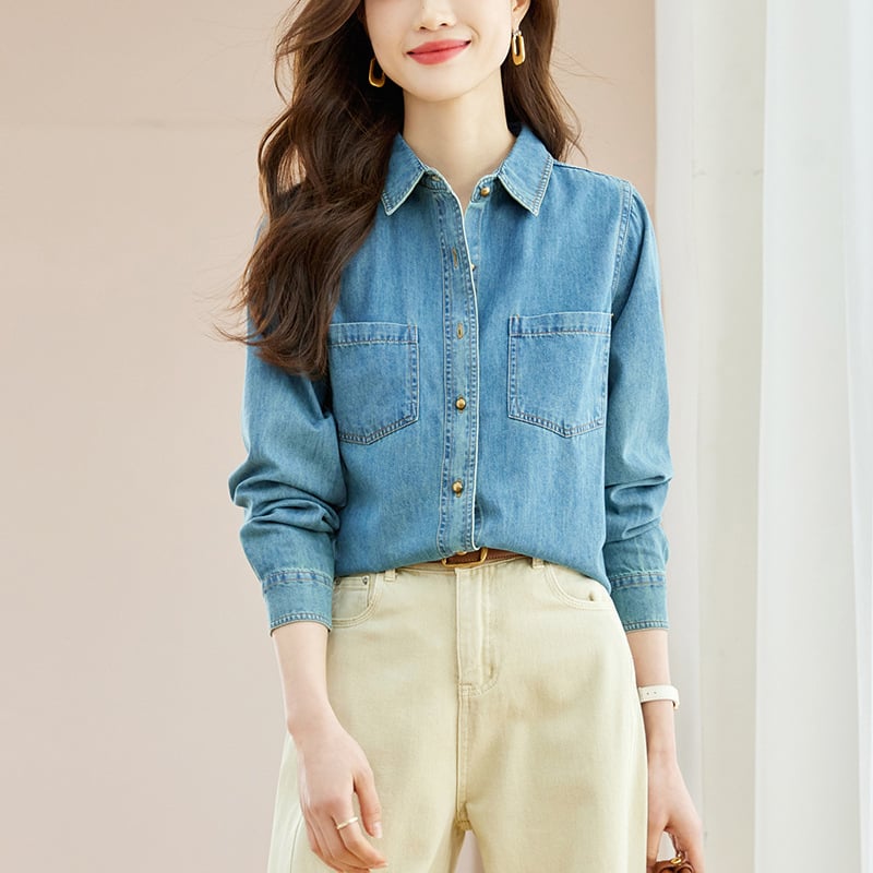 Világoskék retro női denim-ing, rétegzett megjelenésű felső, 2024 ősz, Hongkong-stílus