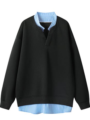 Cleanfit férfi patchwork V-nyakú pulóver, ősz, bő szabás, csíkos dizájn