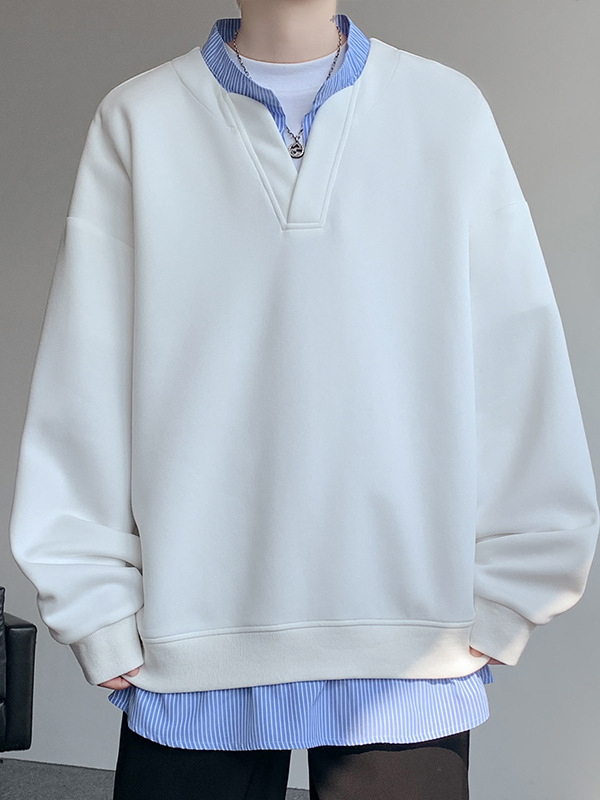 Cleanfit férfi patchwork V-nyakú pulóver, ősz, bő szabás, csíkos dizájn