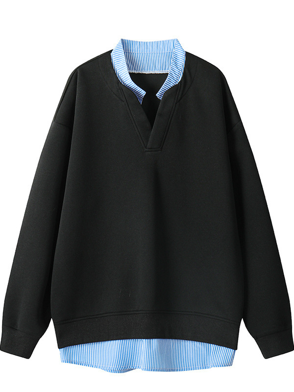 Cleanfit férfi patchwork V-nyakú pulóver, ősz, bő szabás, csíkos dizájn