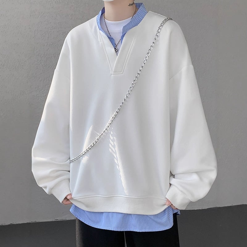 Cleanfit férfi patchwork V-nyakú pulóver, ősz, bő szabás, csíkos dizájn