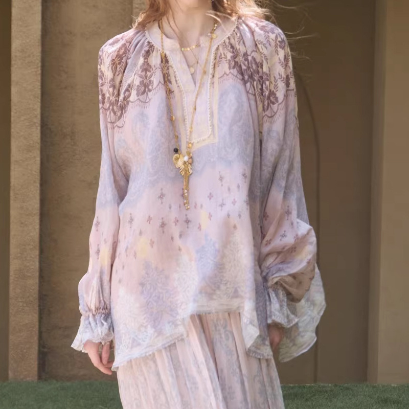 Γυναικείο πουκάμισο από ramie με tie-dye μοτίβο, V-λαιμός, μακριά μανίκια, Α-γραμμή, άνοιξη 2026