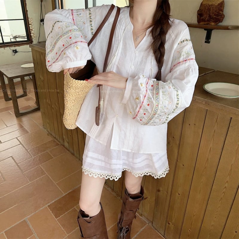 Retro női hosszú ujjú blúz len és pamut keverékéből, nyári laza szabás, hímzett lantern sleeve, babydoll felső és szoknya, két részes készlet