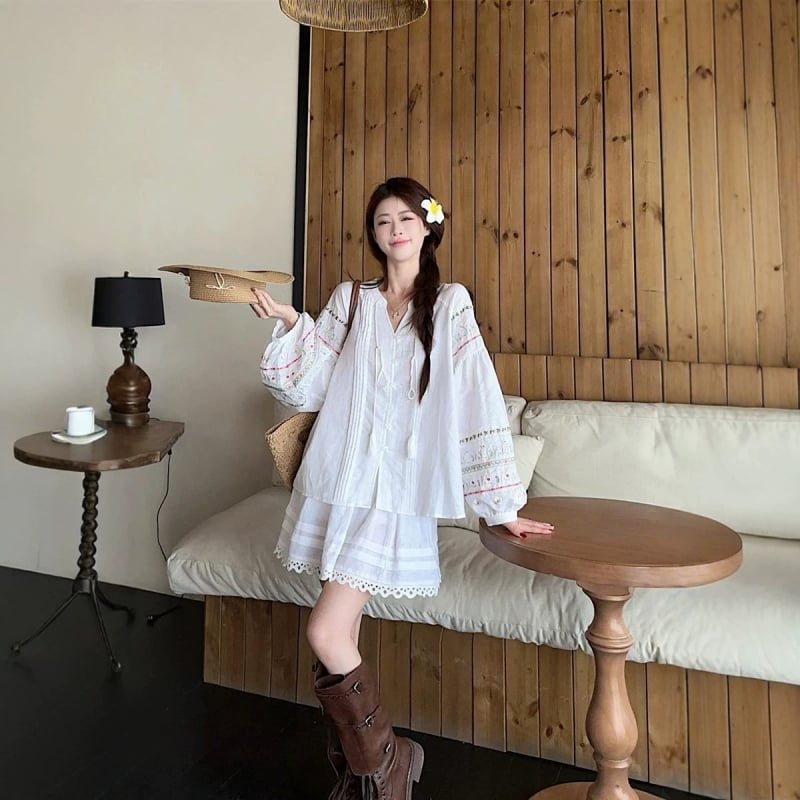 Retro női hosszú ujjú blúz len és pamut keverékéből, nyári laza szabás, hímzett lantern sleeve, babydoll felső és szoknya, két részes készlet