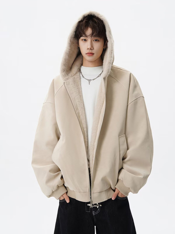 Americký štýlový bavlnený kabát s kožušinovým golierom pre mužov, zimná streetwear móda, dekonstrukčný hrubý kabát s kapucňou