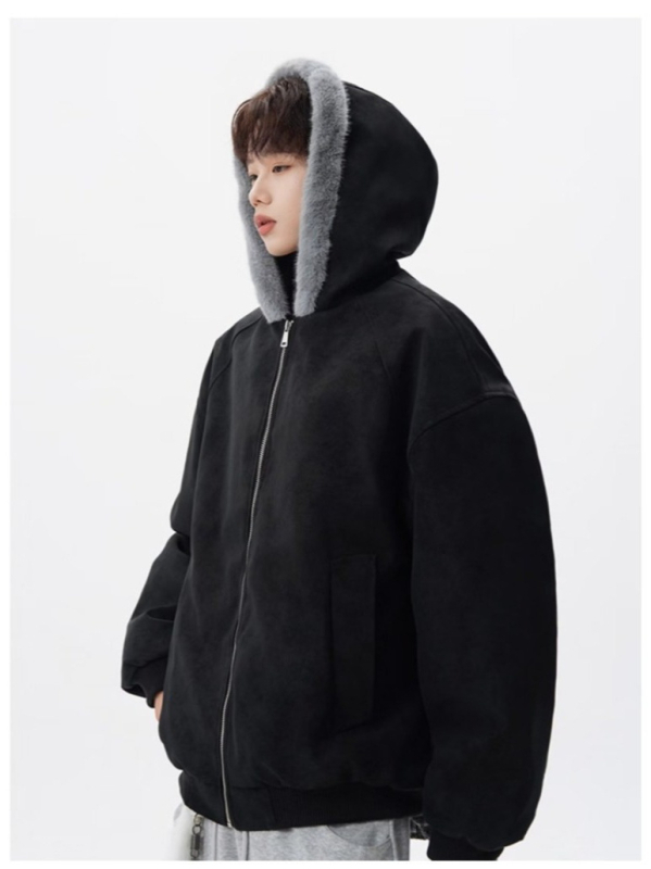Americký štýlový bavlnený kabát s kožušinovým golierom pre mužov, zimná streetwear móda, dekonstrukčný hrubý kabát s kapucňou
