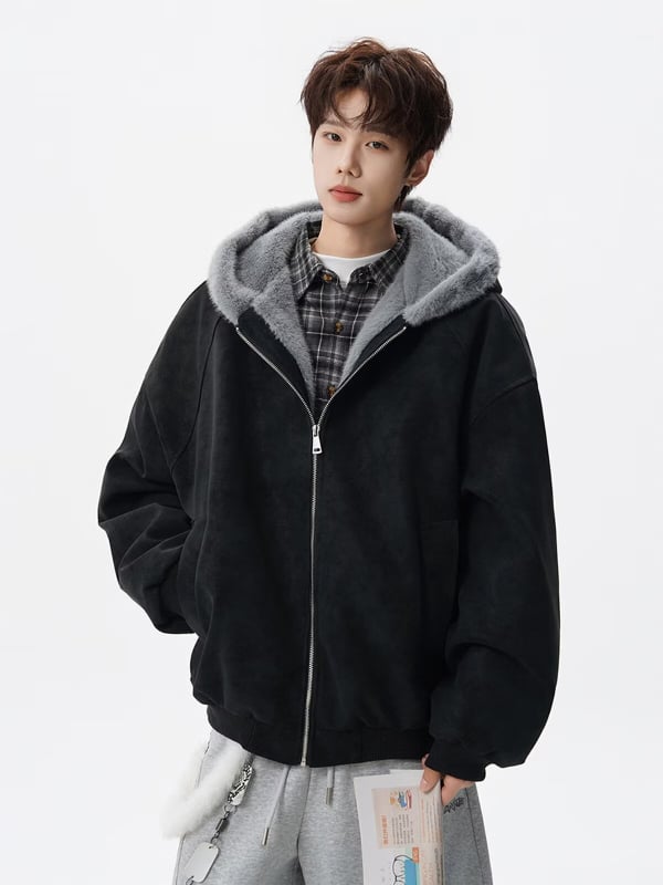 Americký štýlový bavlnený kabát s kožušinovým golierom pre mužov, zimná streetwear móda, dekonstrukčný hrubý kabát s kapucňou