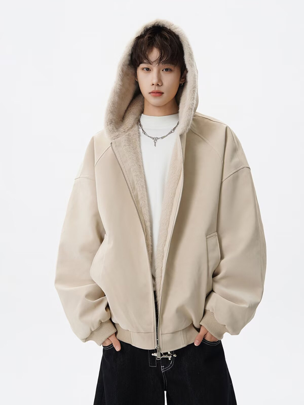 Americký štýlový bavlnený kabát s kožušinovým golierom pre mužov, zimná streetwear móda, dekonstrukčný hrubý kabát s kapucňou
