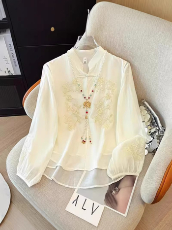 Γυναικεία μπλούζα από chiffon με διακριτικό κέντημα σε κινέζικο ρετρό στυλ, στάσιμος γιακά, ελαφρύ πολυτελές τοπ για άνοιξη και φθινοπωρο