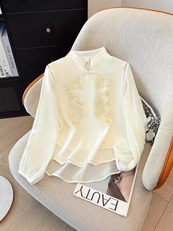 Γυναικεία μπλούζα από chiffon με διακριτικό κέντημα σε κινέζικο ρετρό στυλ, στάσιμος γιακά, ελαφρύ πολυτελές τοπ για άνοιξη και φθινοπωρο