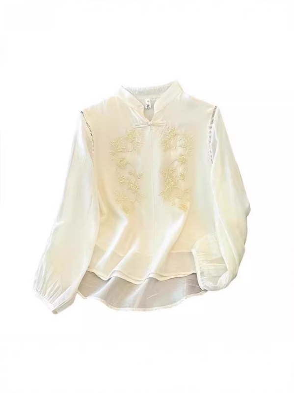 Γυναικεία μπλούζα από chiffon με διακριτικό κέντημα σε κινέζικο ρετρό στυλ, στάσιμος γιακά, ελαφρύ πολυτελές τοπ για άνοιξη και φθινοπωρο