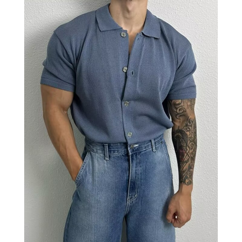 Ανδρικό πλεκτό πόλο cardigan με κοντά μανίκια, διαπνέον, casual καλοκαίρι, μονόχρωμο