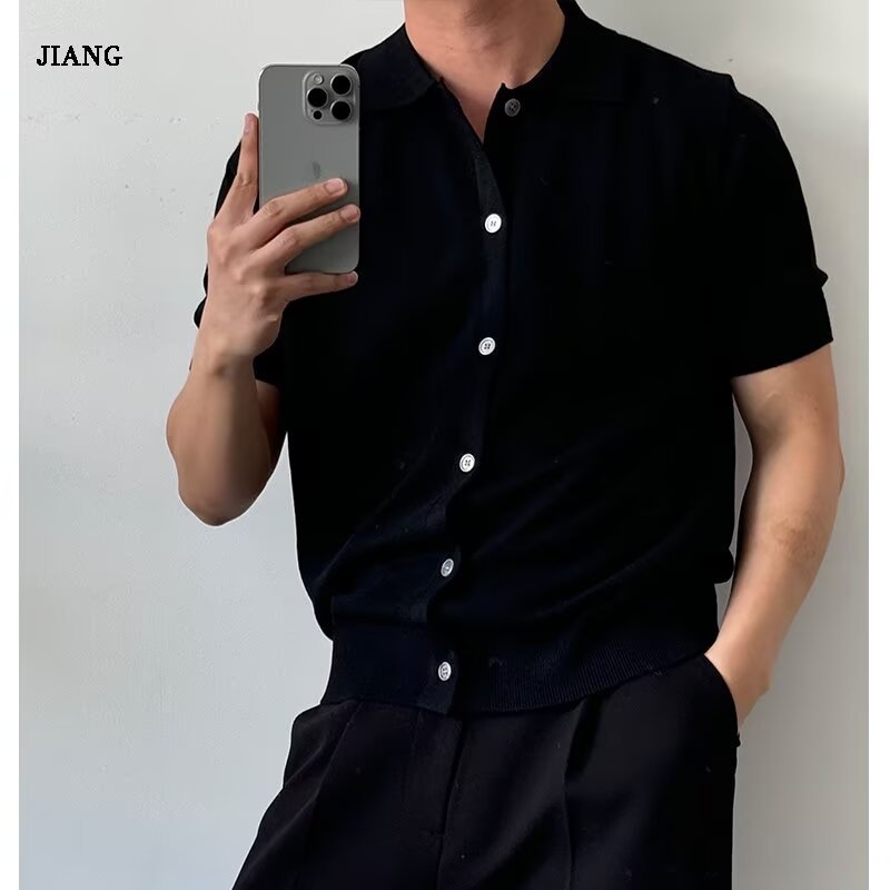Ανδρικό πλεκτό πόλο cardigan με κοντά μανίκια, διαπνέον, casual καλοκαίρι, μονόχρωμο
