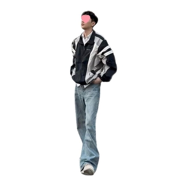 Ανδρικό μπουφάν τύπου flight jacket σε αμερικανικό στυλ, με χρωματικούς μπλοκ, ελαφρύ αθλητικό bomber για άνοιξη-φθινοπωρο, με σταθερό γιακά