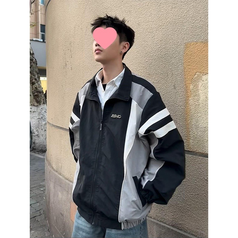 Ανδρικό μπουφάν τύπου flight jacket σε αμερικανικό στυλ, με χρωματικούς μπλοκ, ελαφρύ αθλητικό bomber για άνοιξη-φθινοπωρο, με σταθερό γιακά