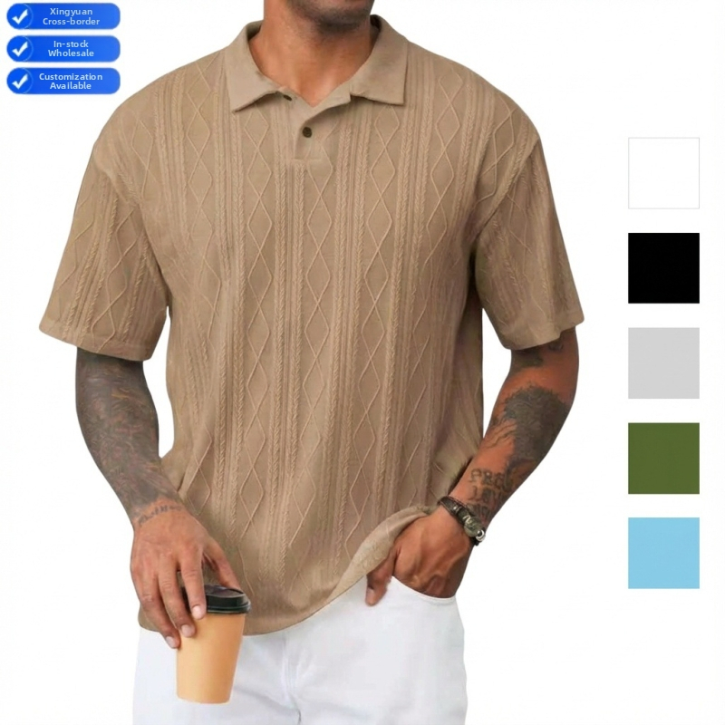 Pánske polo tričko s krátkymi rukávmi, jacquard vzor, jednofarebné, golier polo, voľnočasové letné oblečenie