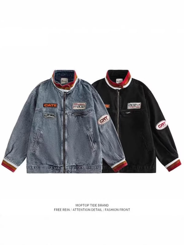 Αμερικανικό ρετρό denim σακάκι με αντίθεση χρωμάτων και υψηλό γιακά, μοντέρνο streetwear χιπ-χοπ στιλ για άνδρες