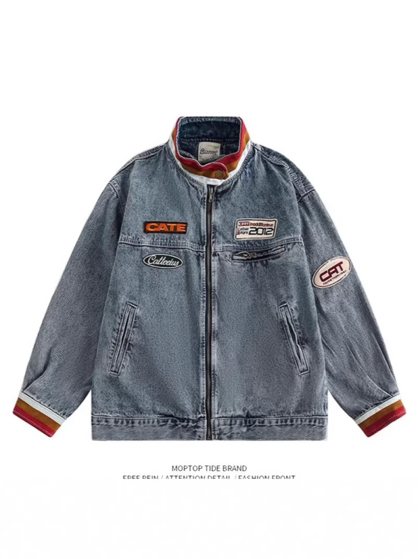 Αμερικανικό ρετρό denim σακάκι με αντίθεση χρωμάτων και υψηλό γιακά, μοντέρνο streetwear χιπ-χοπ στιλ για άνδρες