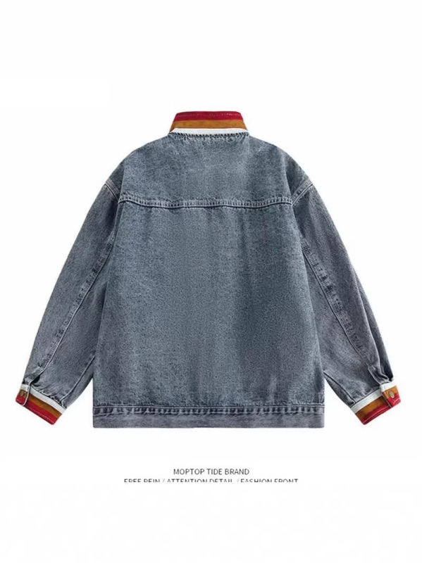 Αμερικανικό ρετρό denim σακάκι με αντίθεση χρωμάτων και υψηλό γιακά, μοντέρνο streetwear χιπ-χοπ στιλ για άνδρες