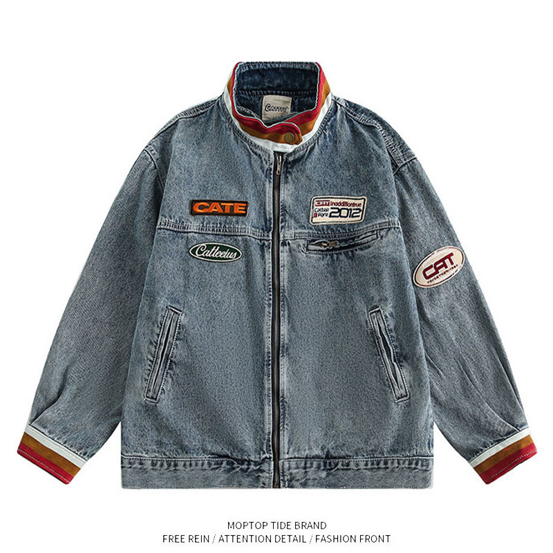 Αμερικανικό ρετρό denim σακάκι με αντίθεση χρωμάτων και υψηλό γιακά, μοντέρνο streetwear χιπ-χοπ στιλ για άνδρες