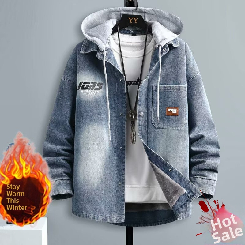 Americký štýl pánska rifľová bunda na jeseň a zimu, mestský streetwear, fleecová podšívka, hrubé prevedenie