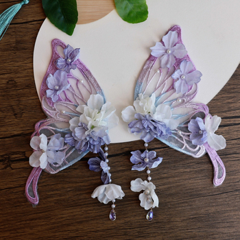 Clamă de păr cu floare de mătase, design mare de fluture și ciucuri cu motiva fluture, accesoriu pentru păr în stil Hanfu antic