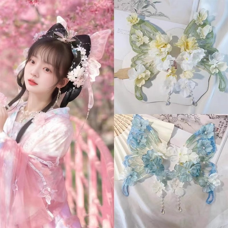 Clamă de păr cu floare de mătase, design mare de fluture și ciucuri cu motiva fluture, accesoriu pentru păr în stil Hanfu antic