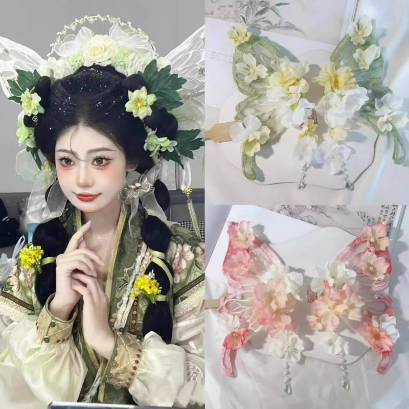 Clamă de păr cu floare de mătase, design mare de fluture și ciucuri cu motiva fluture, accesoriu pentru păr în stil Hanfu antic