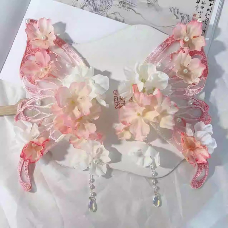 Clamă de păr cu floare de mătase, design mare de fluture și ciucuri cu motiva fluture, accesoriu pentru păr în stil Hanfu antic