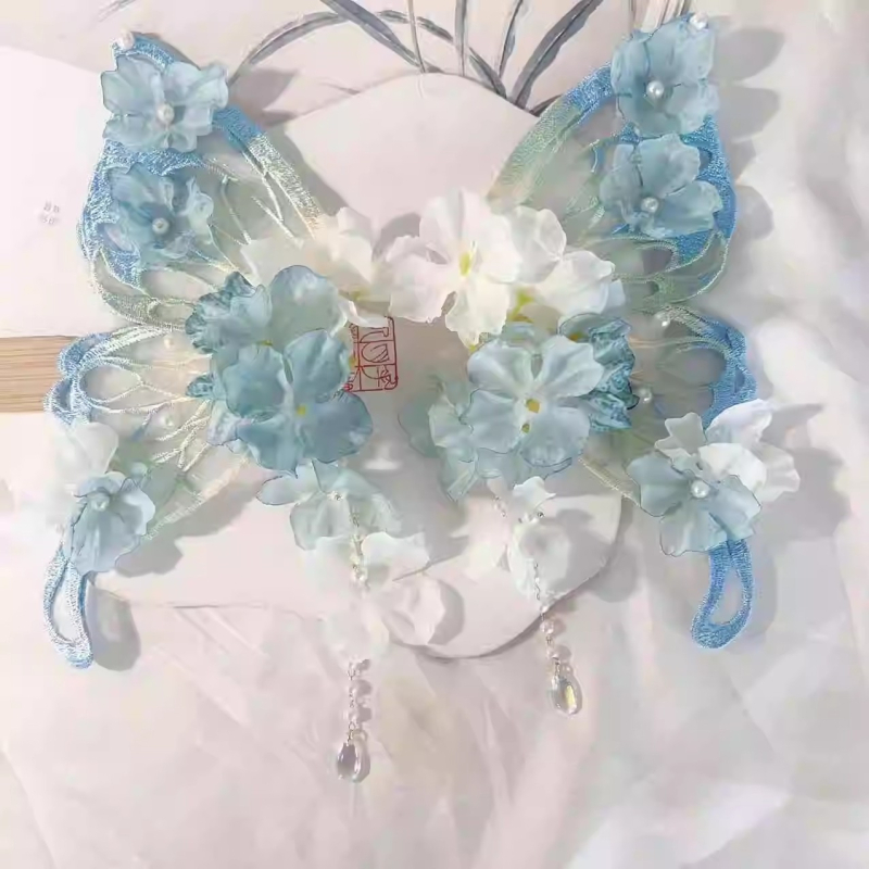 Clamă de păr cu floare de mătase, design mare de fluture și ciucuri cu motiva fluture, accesoriu pentru păr în stil Hanfu antic