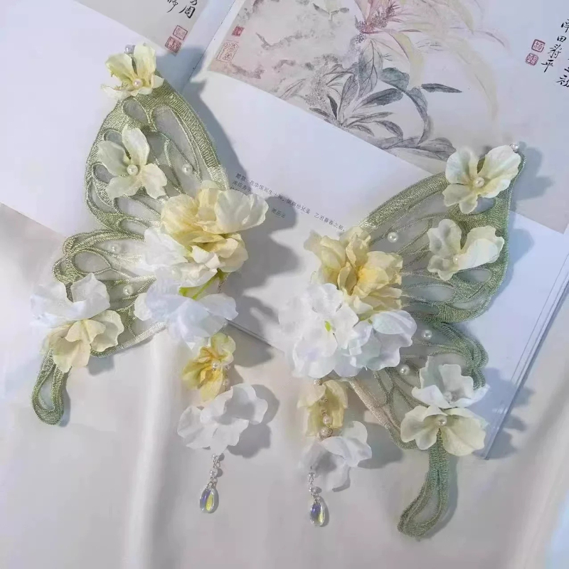 Clamă de păr cu floare de mătase, design mare de fluture și ciucuri cu motiva fluture, accesoriu pentru păr în stil Hanfu antic