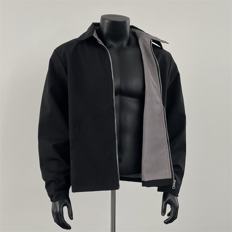 Ανδρικό Harrington μπουφάν με μοτίβο houndstooth, τρισδιάστατη ραφή, φθινοπωρινό-χειμερινό, κομψή γραμμή, πέτο