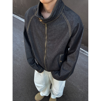 Vintage Harrington τζάκετ από ντένιμ για άνδρες, φθινοπωρινή boxy γραμμή, στάντ γιακά, raw denim