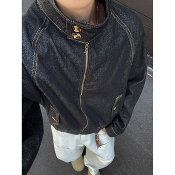Vintage Harrington τζάκετ από ντένιμ για άνδρες, φθινοπωρινή boxy γραμμή, στάντ γιακά, raw denim
