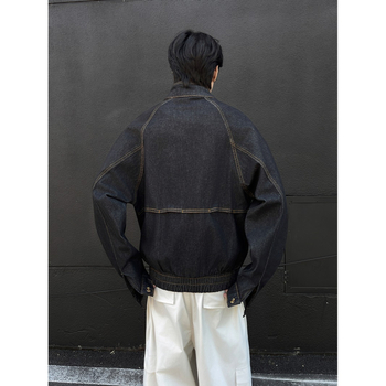 Vintage Harrington τζάκετ από ντένιμ για άνδρες, φθινοπωρινή boxy γραμμή, στάντ γιακά, raw denim