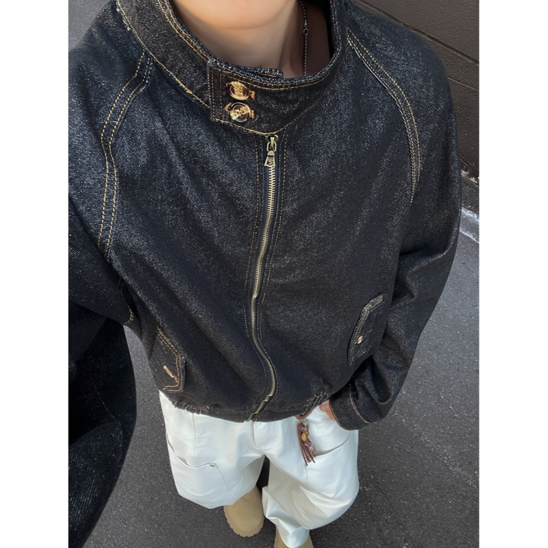 Vintage Harrington τζάκετ από ντένιμ για άνδρες, φθινοπωρινή boxy γραμμή, στάντ γιακά, raw denim